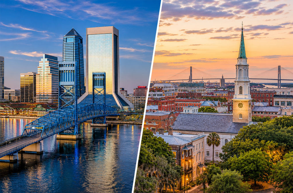 Jacksonville and Savannah skylines representing the firm's presence and service area across Florida and Georgia.